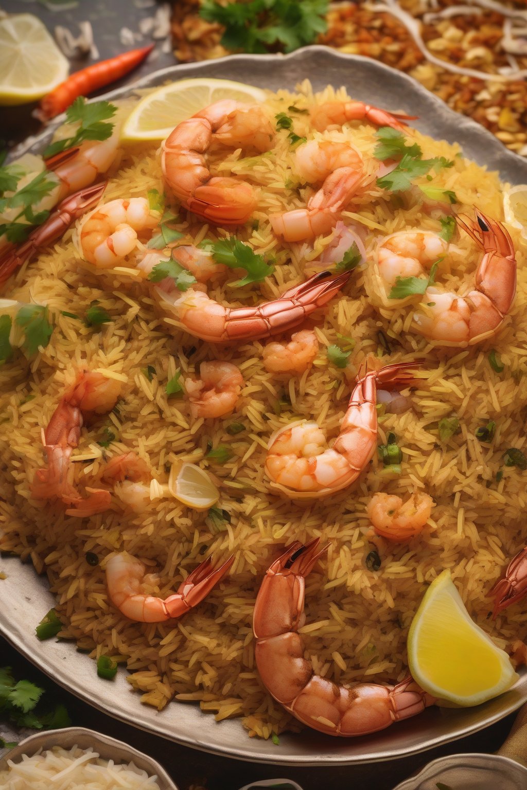 A high-resolution photo of prawn layered biryani with glossy prawns nestled in spiced rice under soft lighting.