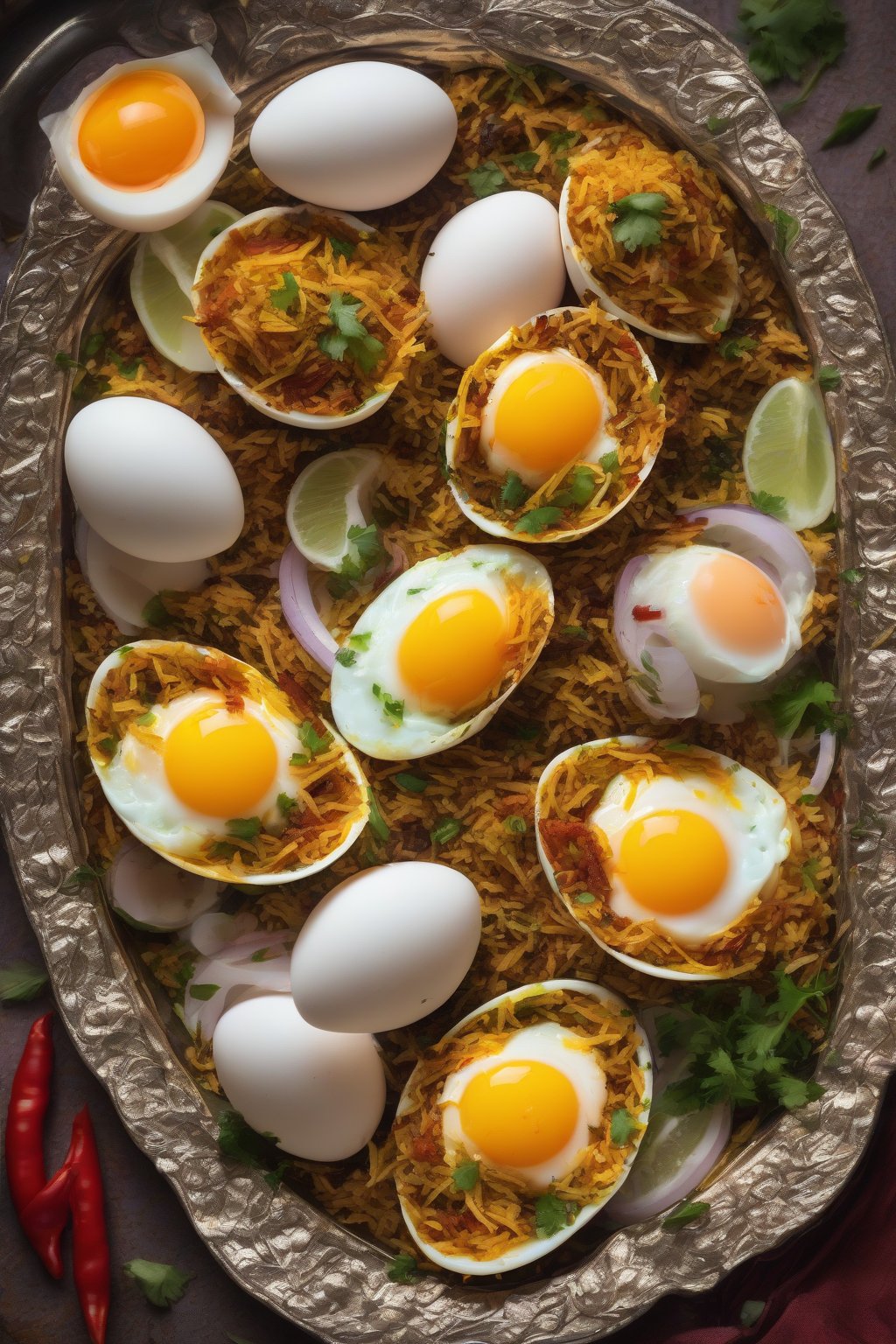 A high-resolution photo of egg layered biryani sliced to show halved eggs in vibrant masala under soft lighting.