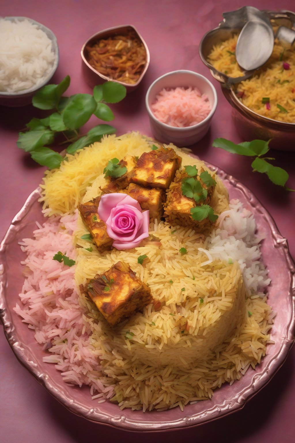 A high-resolution photo of paneer layered biryani with creamy white cubes and pink rose-tinted rice under soft lighting.