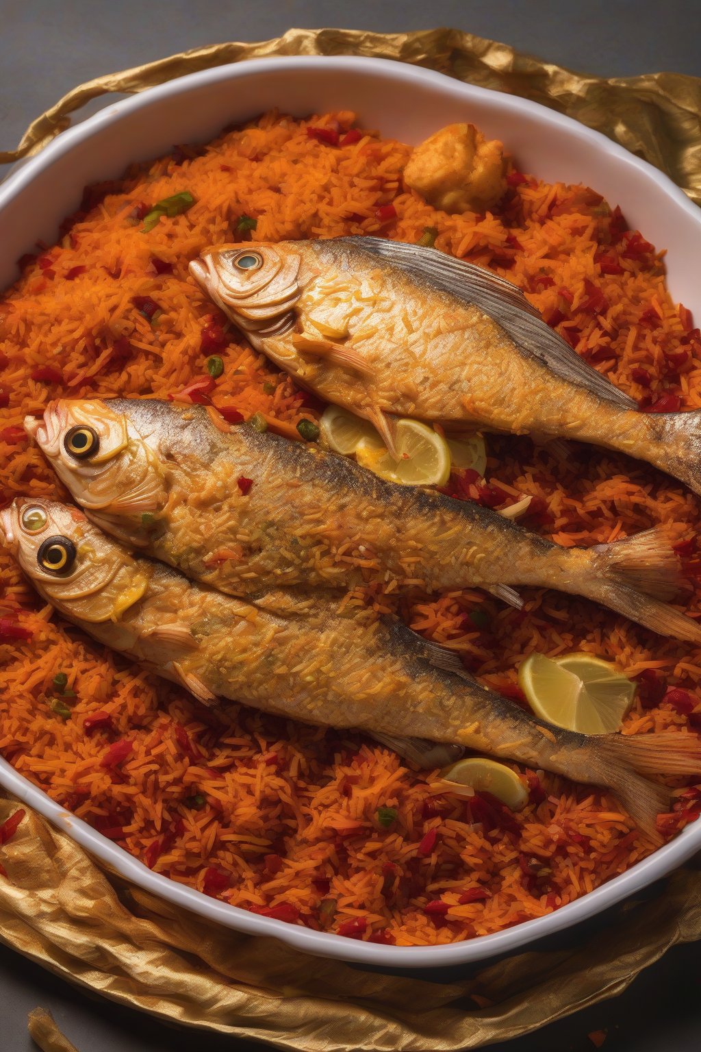 A high-resolution photo of spicy fish layered biryani revealing flaky fish pieces amid red-hued rice under soft lighting.
