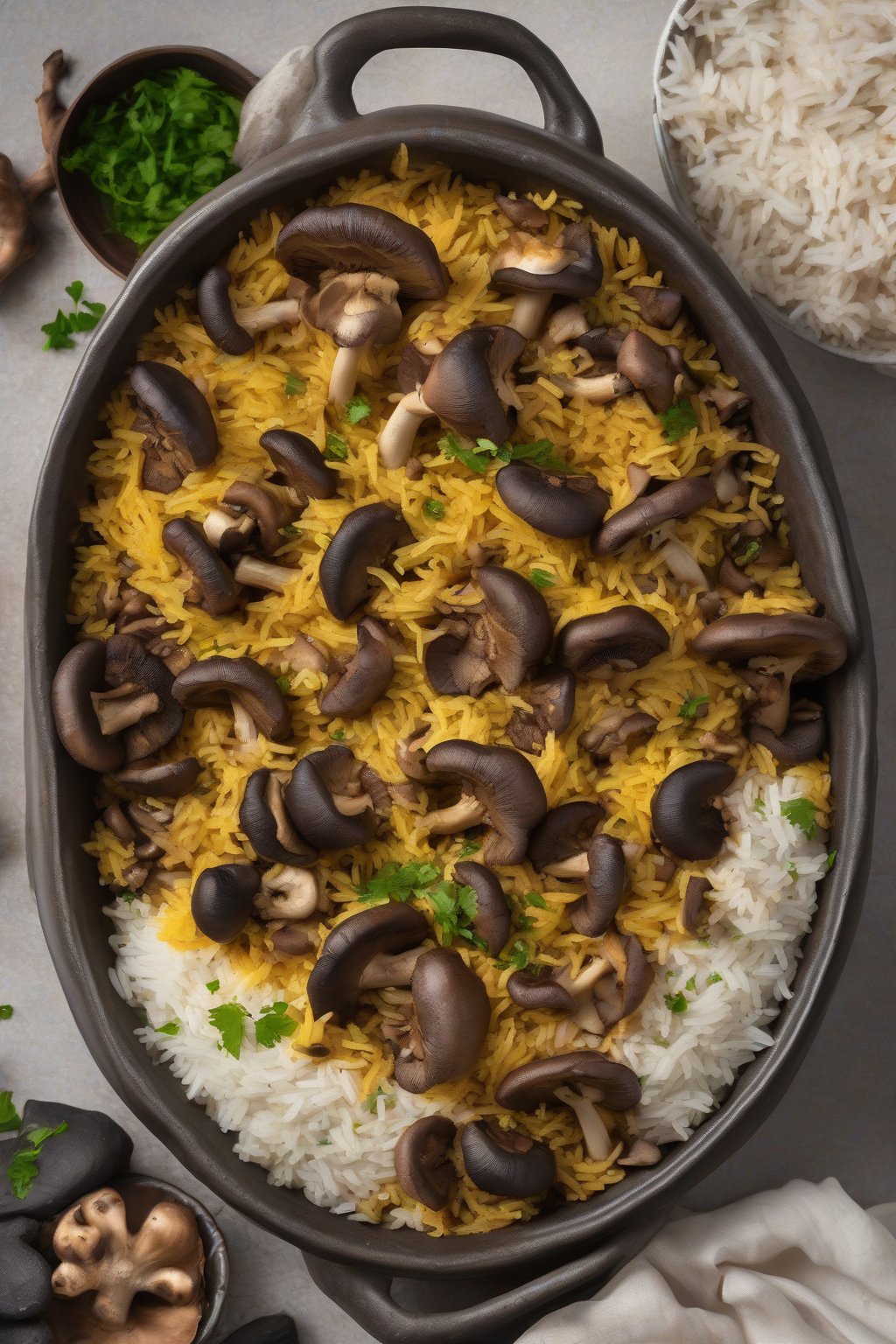 A high-resolution photo of mushroom layered biryani with dark earthy mushrooms contrasting white rice under soft lighting.