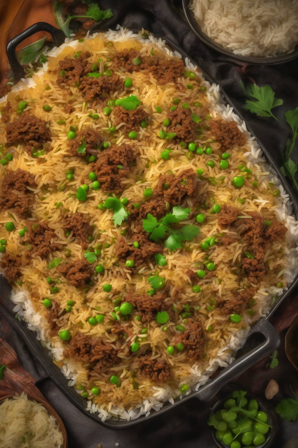 A high-resolution photo of keema layered biryani with minced meat and green peas visible through fluffy rice under soft lighting.