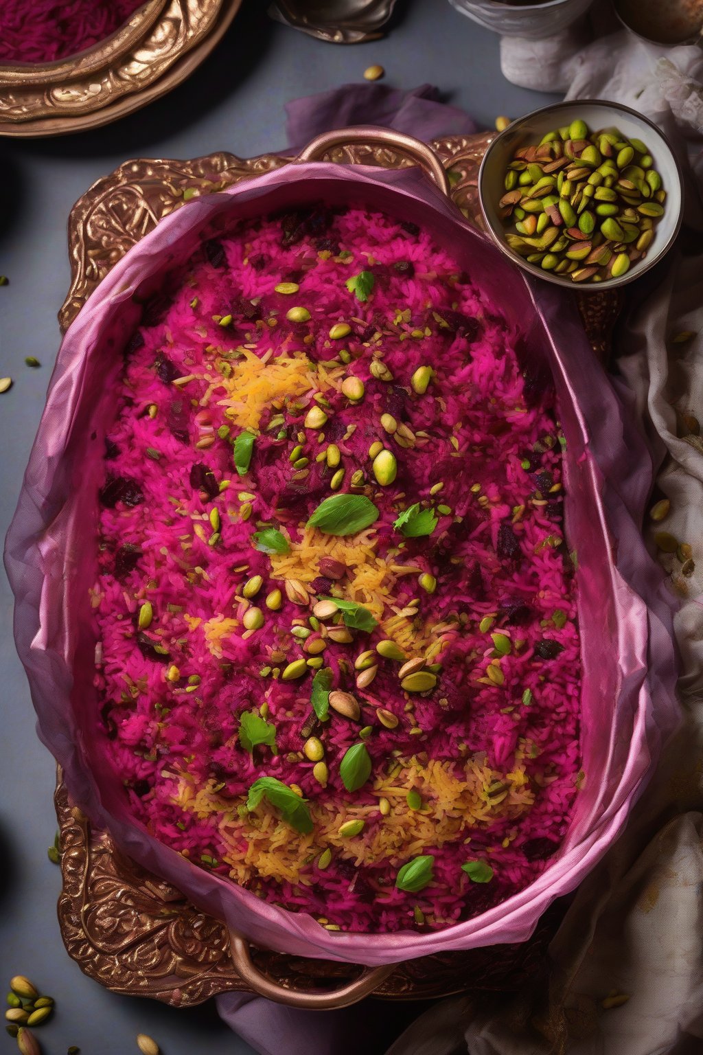 A high-resolution photo of beetroot layered biryani with vibrant pink layers and green pistachios under soft lighting.