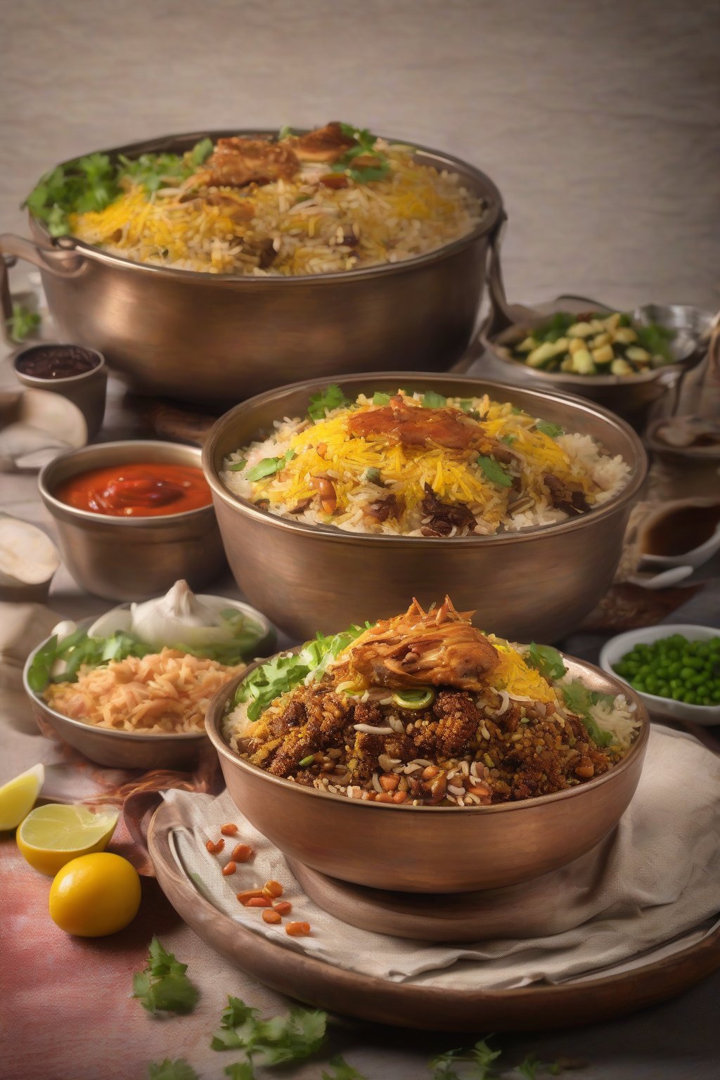 A high-resolution photo of quinoa layered biryani fusion with nutty grains and saucy chicken under soft lighting.