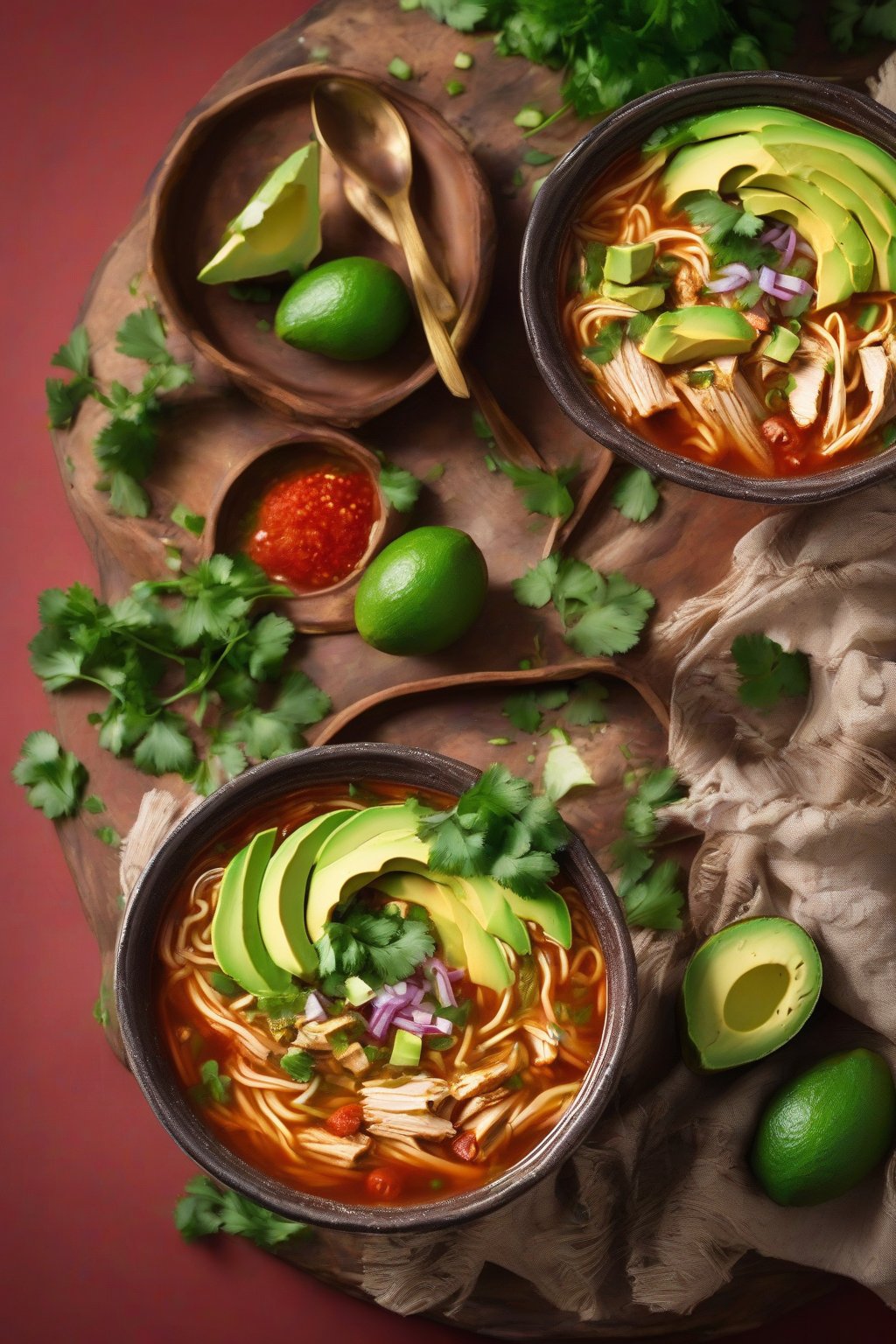 A high-resolution close-up photo of spicy Mexican chicken noodle soup topped with avocado and cilantro, vibrant red broth under soft lighting.