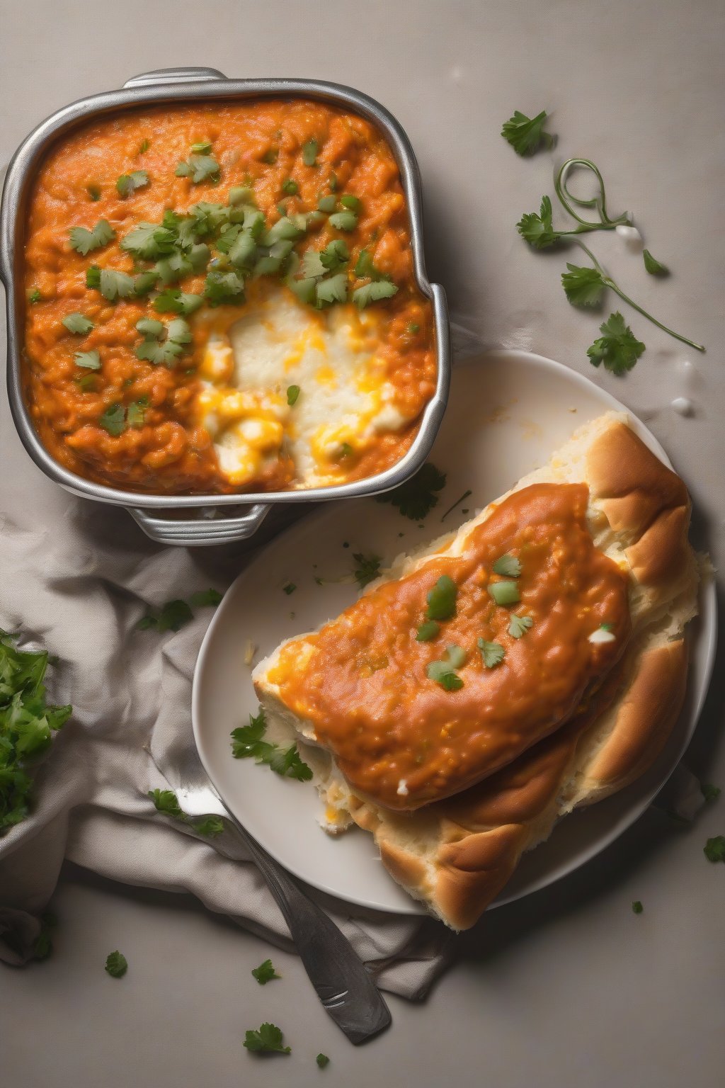 A high-resolution photo of cheesy mashed Pav Bhaji oozing with melted cheddar under soft lighting.