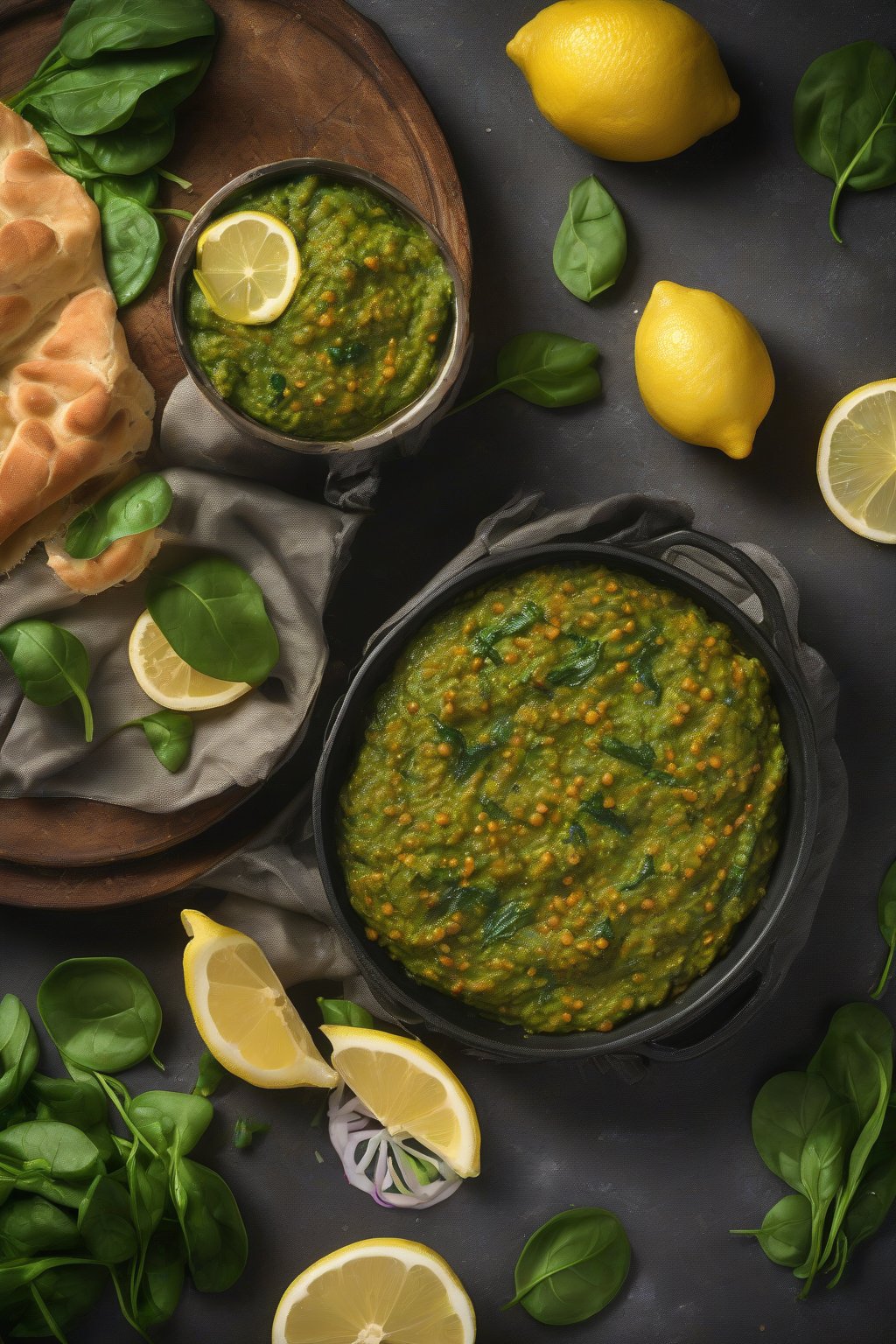 A high-resolution photo of vibrant green spinach mashed Pav Bhaji garnished with lemon under soft lighting.