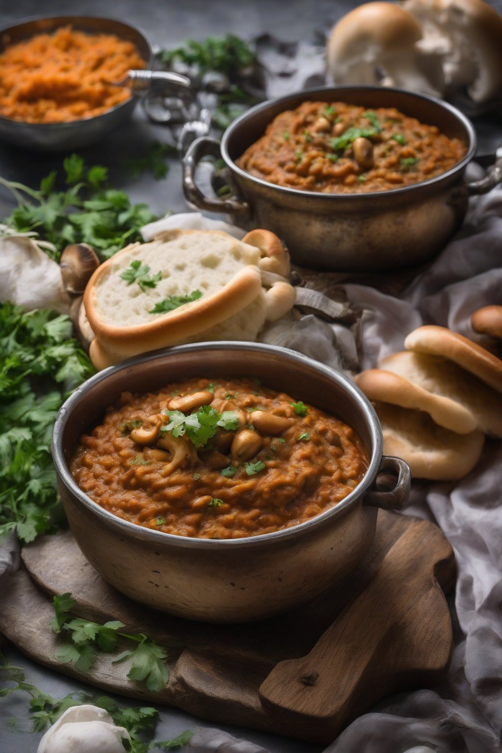 A high-resolution photo of mushroom mashed Pav Bhaji with sliced mushrooms peeking through under soft lighting.