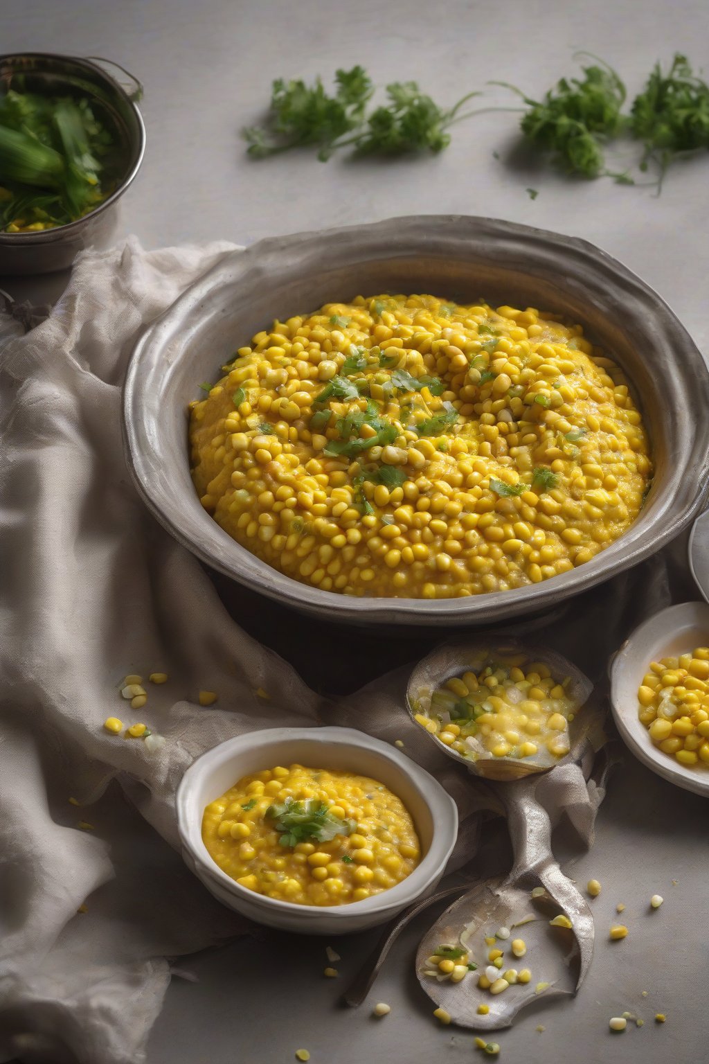A high-resolution photo of sweet corn mashed Pav Bhaji dotted with yellow kernels under soft lighting.