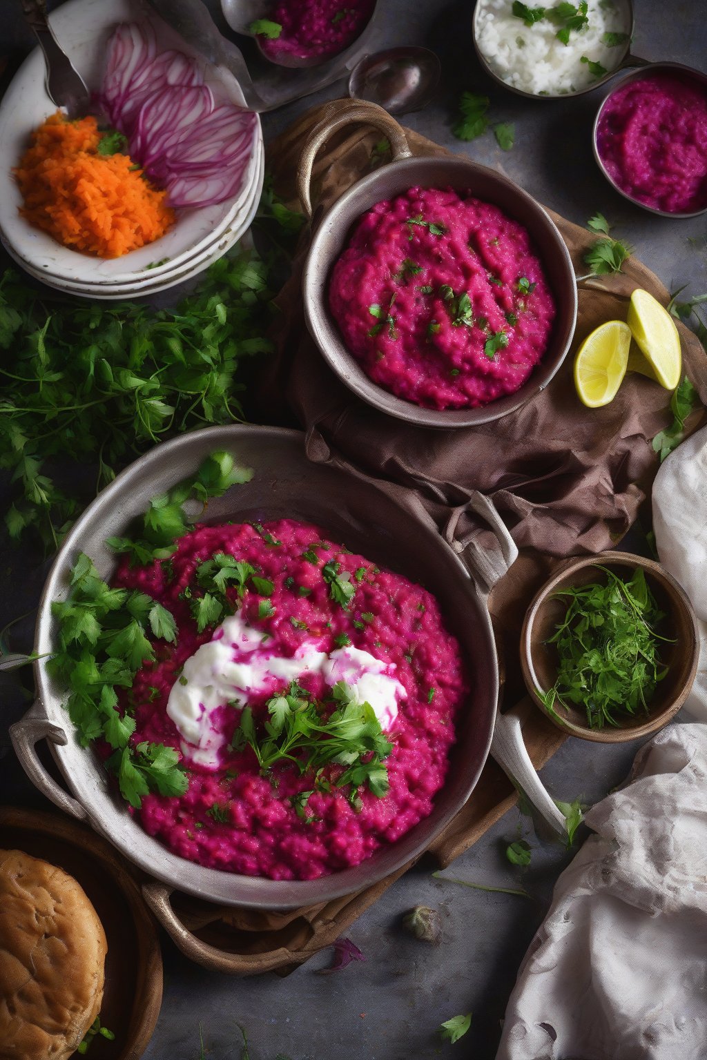 A high-resolution photo of pink beetroot mashed Pav Bhaji with fresh herbs under soft lighting.