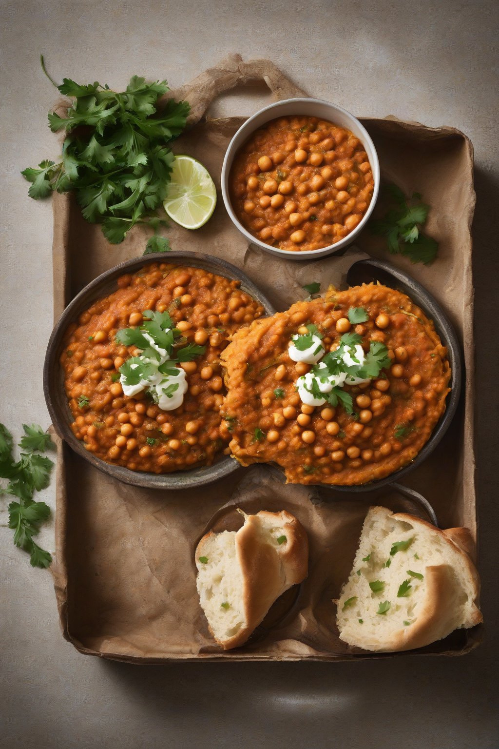 A high-resolution photo of chickpea mashed Pav Bhaji with rustic texture under soft lighting.