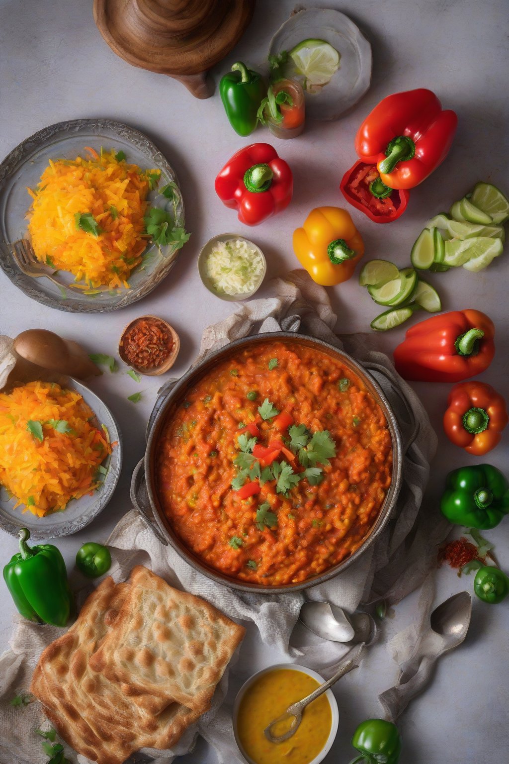 A high-resolution photo of colorful bell pepper mashed Pav Bhaji under soft lighting.