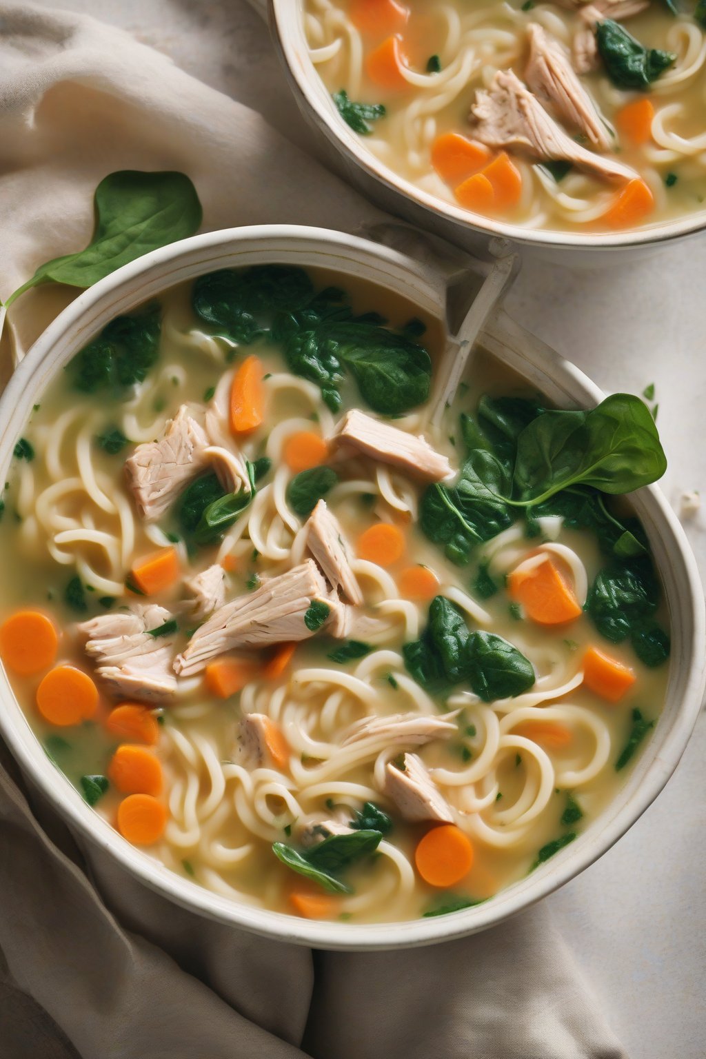 A high-resolution close-up photo of herbed chicken noodle soup with fresh spinach and carrot slices under soft lighting.