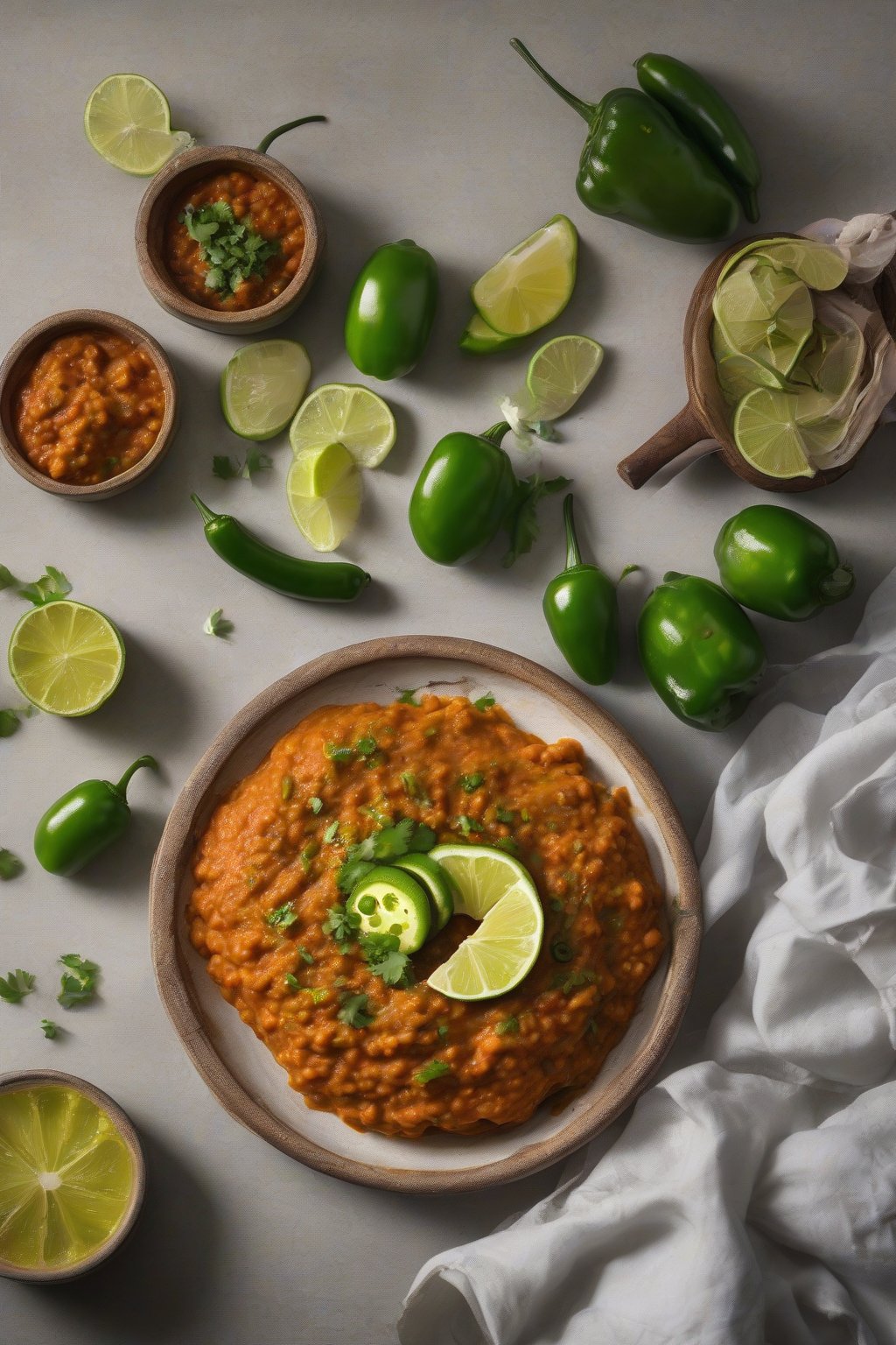 A high-resolution photo of spicy jalapeño mashed Pav Bhaji topped with lime under soft lighting.