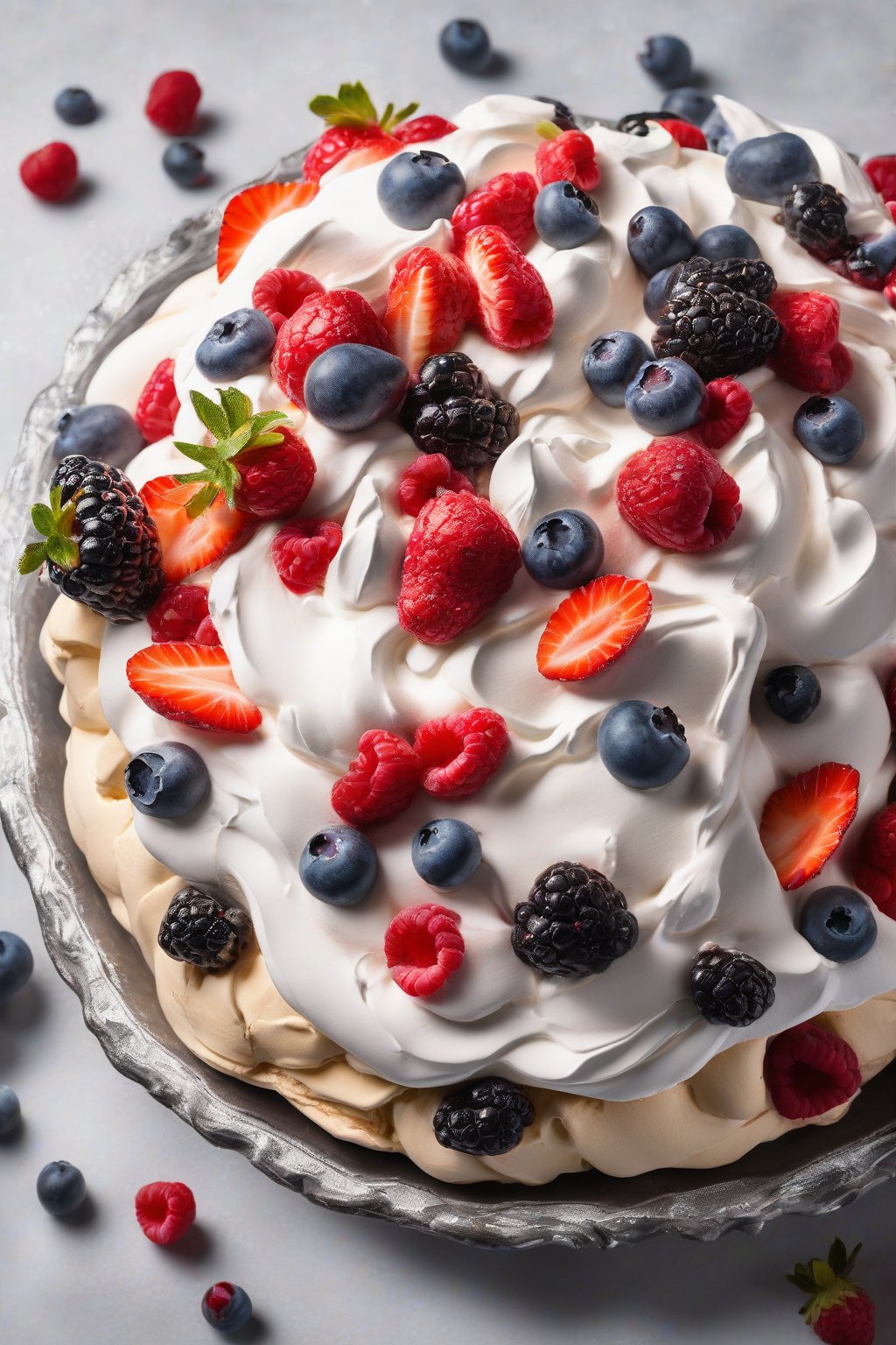 A high-resolution photo of a classic berry pavlova with glossy meringue base topped with whipped cream and vibrant mixed berries under soft lighting.