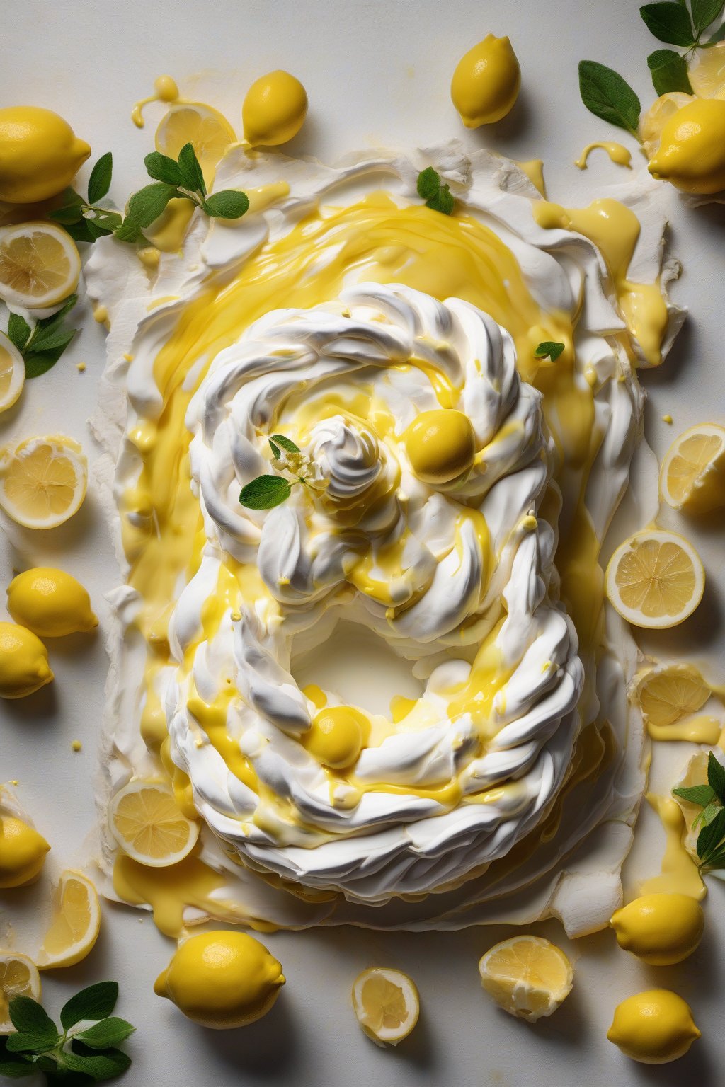 A high-resolution photo of a lemon curd pavlova with golden curd swirling over meringue and fresh zest garnish under soft lighting.
