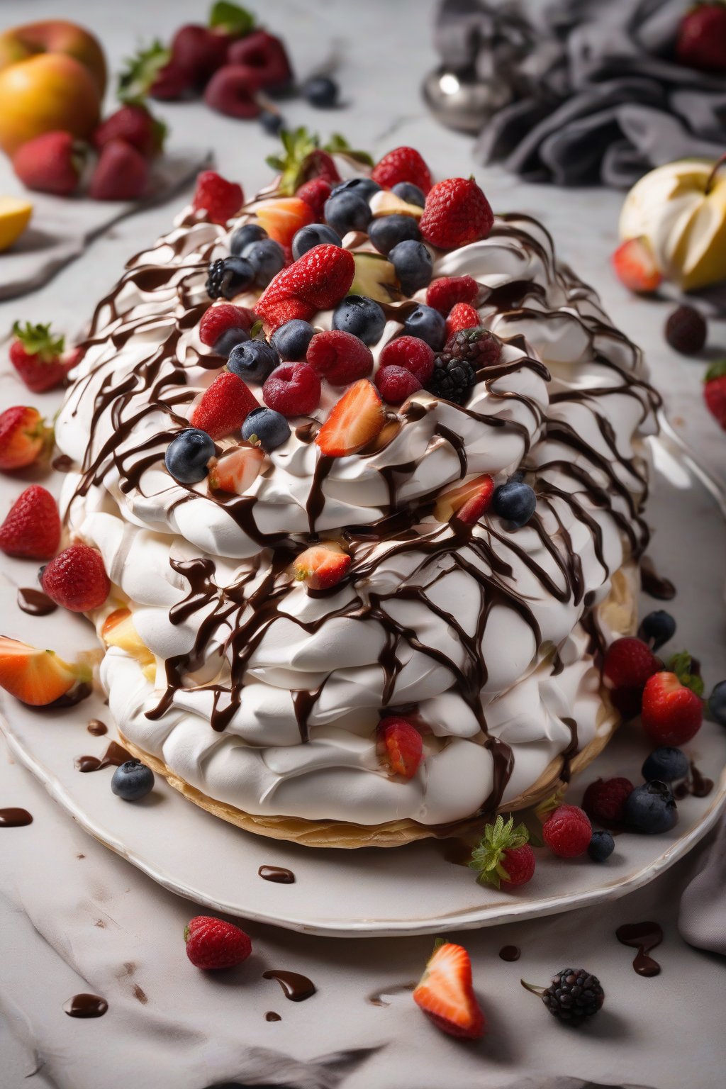 A high-resolution photo of a chocolate-drizzled pavlova showcasing shiny chocolate lines over fruit-topped meringue under soft lighting.