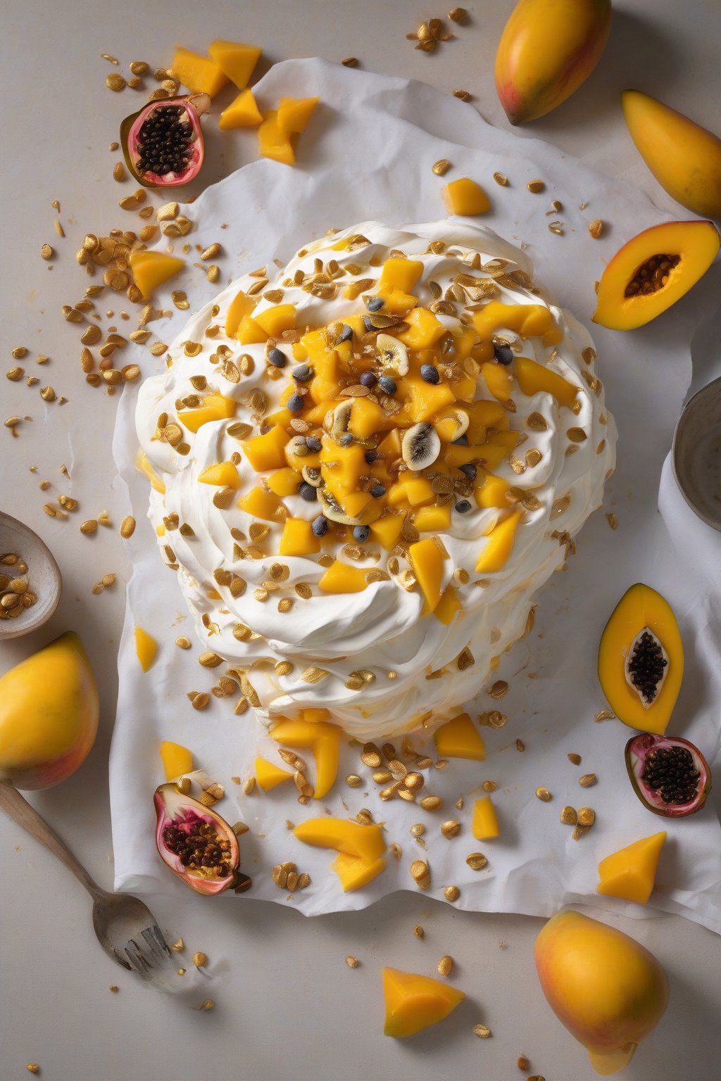 A high-resolution photo of a tropical mango pavlova piled with golden mango chunks and passionfruit seeds under soft lighting.