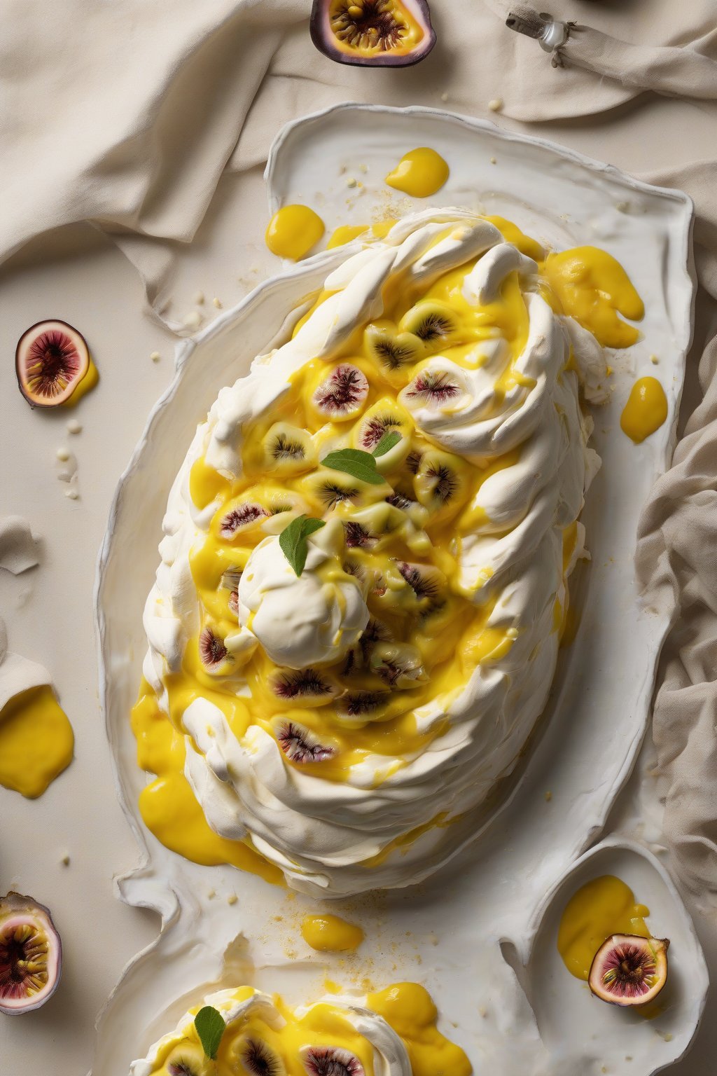 A high-resolution photo of a passionfruit pavlova with vibrant yellow curd and seeded pulp accents under soft lighting.