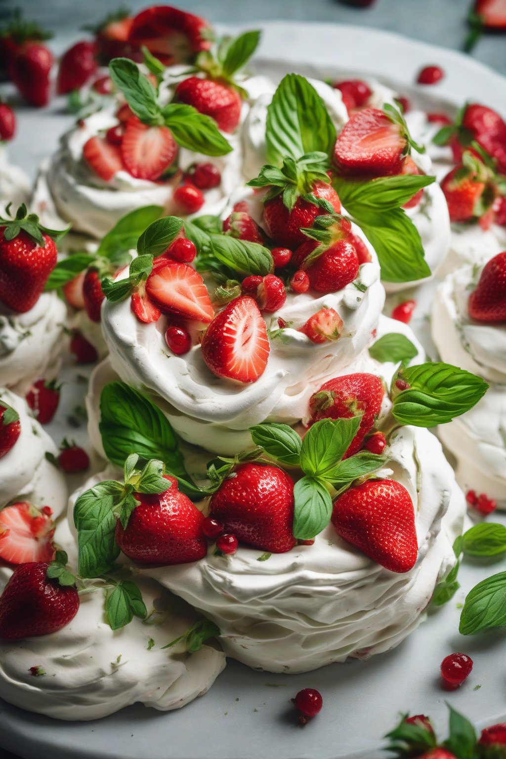 A high-resolution photo of a strawberry basil pavlova with red berries and green herb flecks under soft lighting.