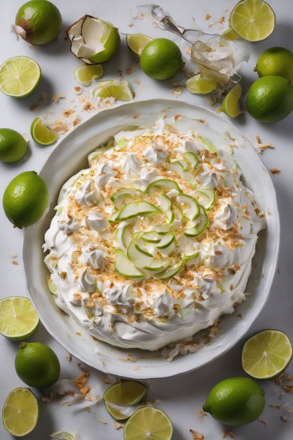 A high-resolution photo of a coconut lime pavlova with lime zest curls and toasted coconut under soft lighting.