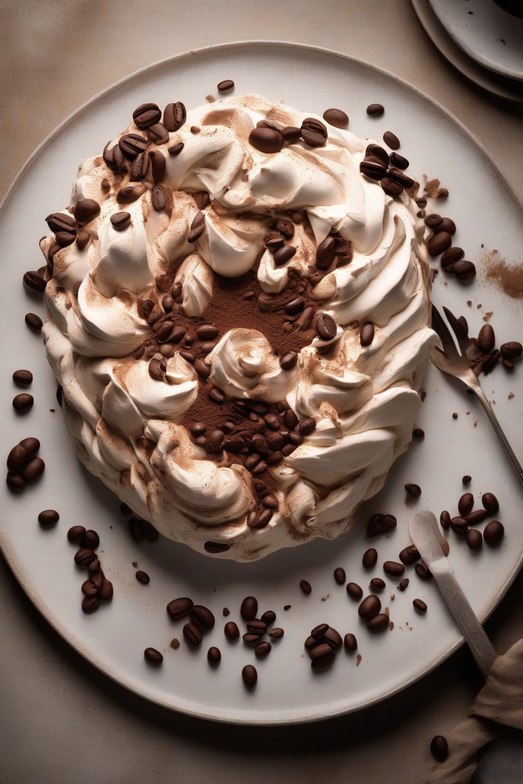 A high-resolution photo of a coffee mascarpone pavlova dusted with cocoa and beans under soft lighting.