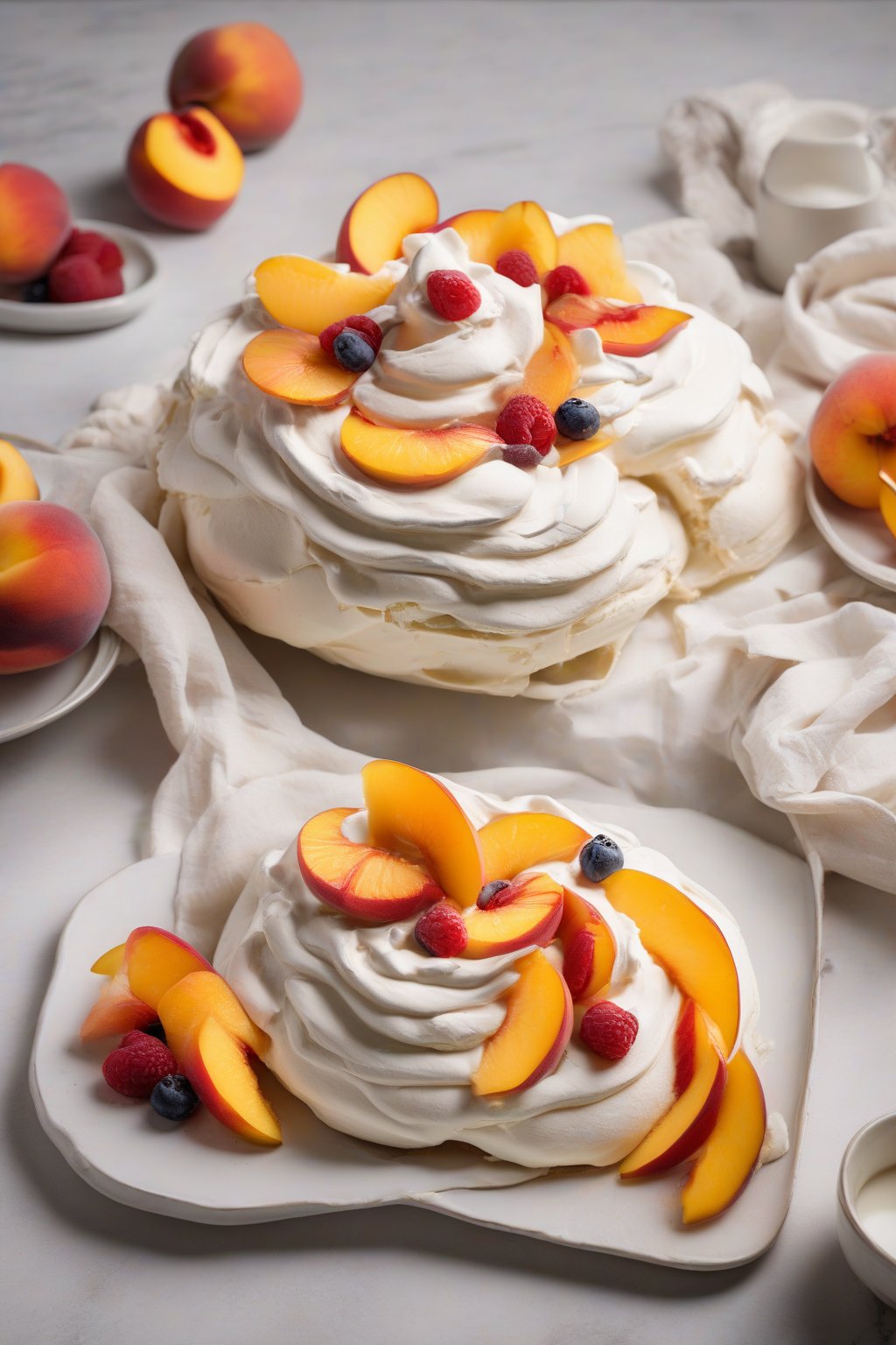 A high-resolution photo of a vanilla bean pavlova topped with juicy peach slices under soft lighting.