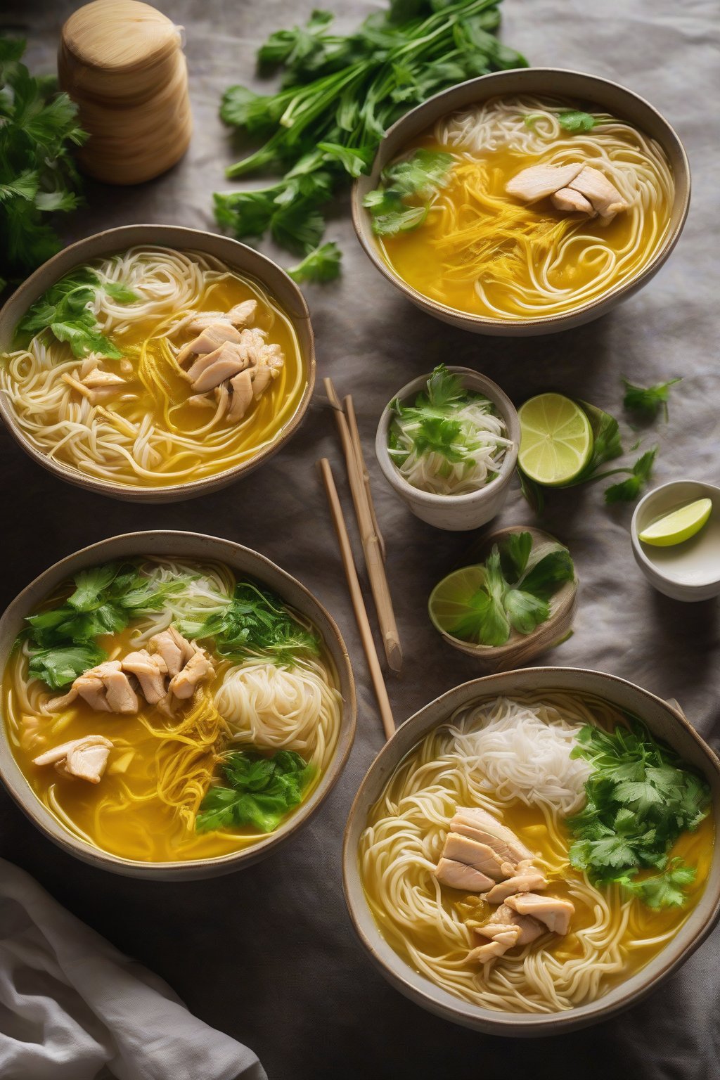 A high-resolution close-up photo of golden turmeric chicken noodle soup with rice noodles glowing under soft lighting.