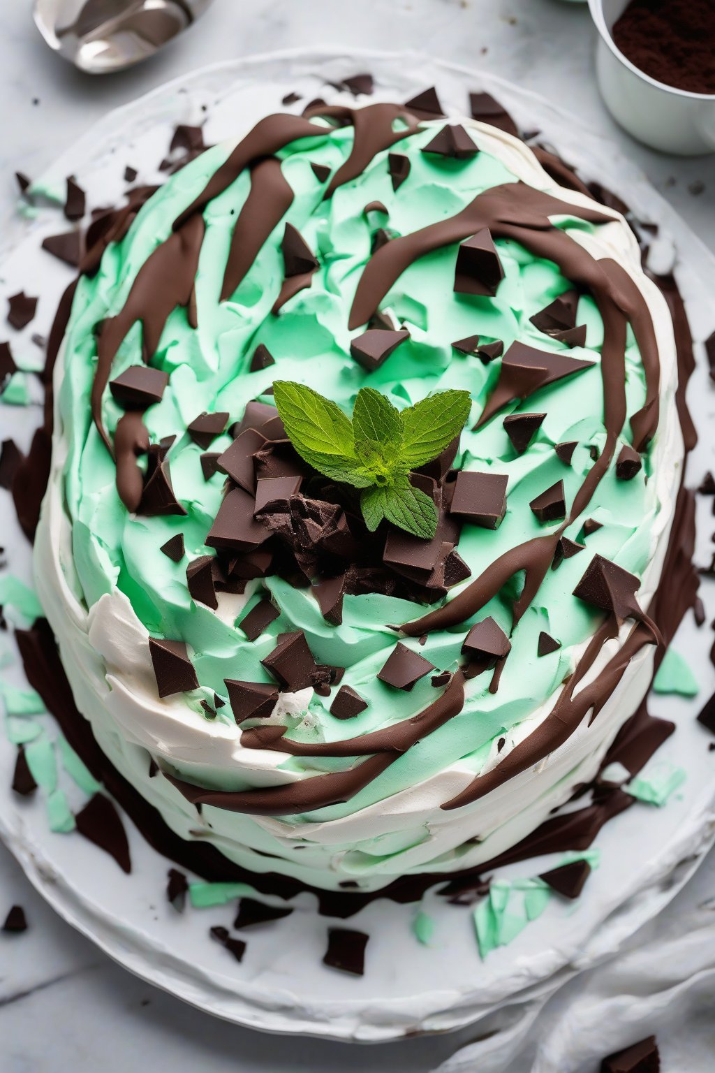 A high-resolution photo of a mint chocolate pavlova with green mint accents and chocolate shards under soft lighting.