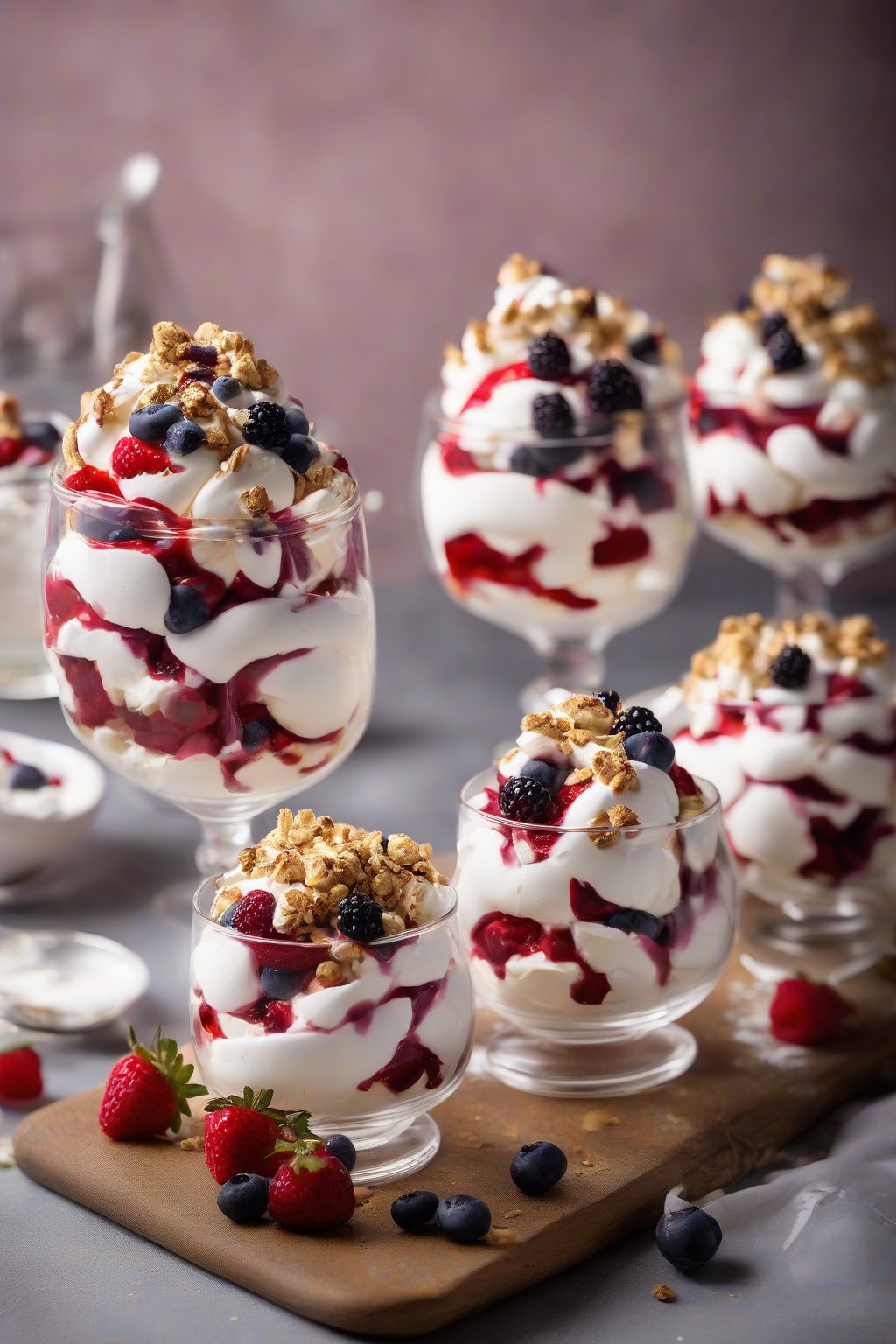 A high-resolution photo of mini Eton mess pavlovas in glasses with berry crumbles under soft lighting.