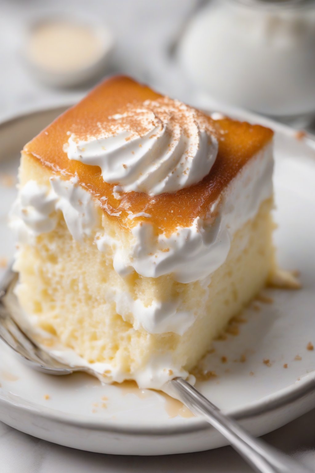 A high-resolution photo of a slice of classic tres leches cake dripping with milk soak and topped with fluffy whipped cream under soft lighting.