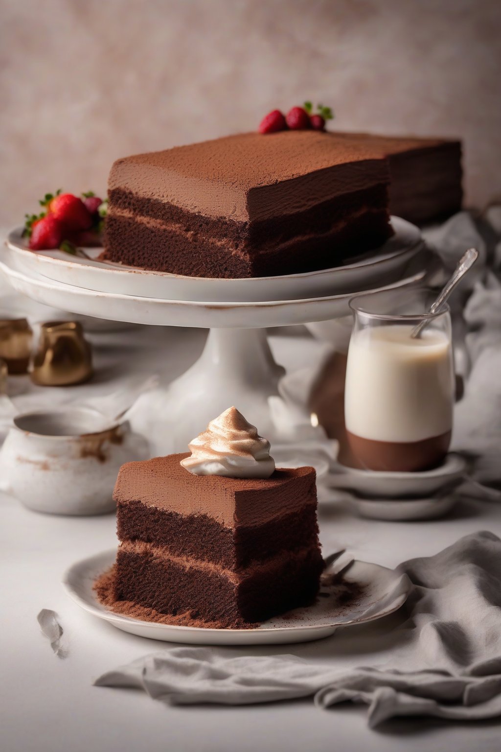 A high-resolution photo of chocolate tres leches cake with rich cocoa layers and milk-soaked sponge under soft lighting.