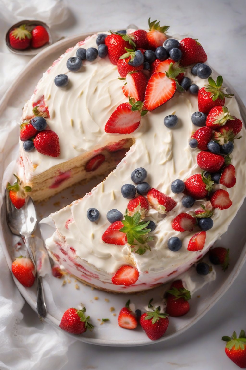 A high-resolution photo of strawberry tres leches cake layered with fresh berries and creamy soak under soft lighting.