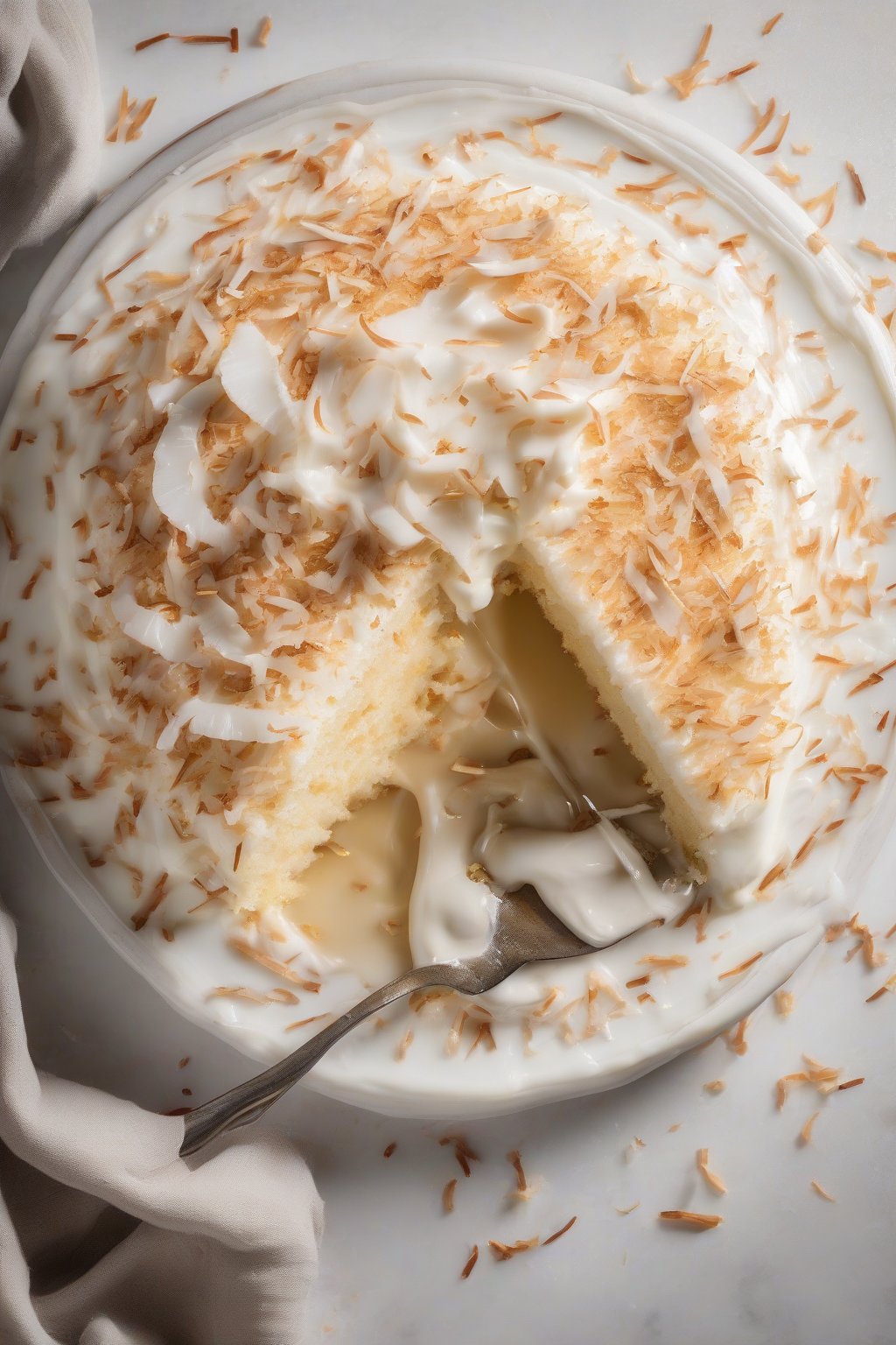 A high-resolution photo of coconut tres leches cake topped with toasted shreds and glistening milk under soft lighting.