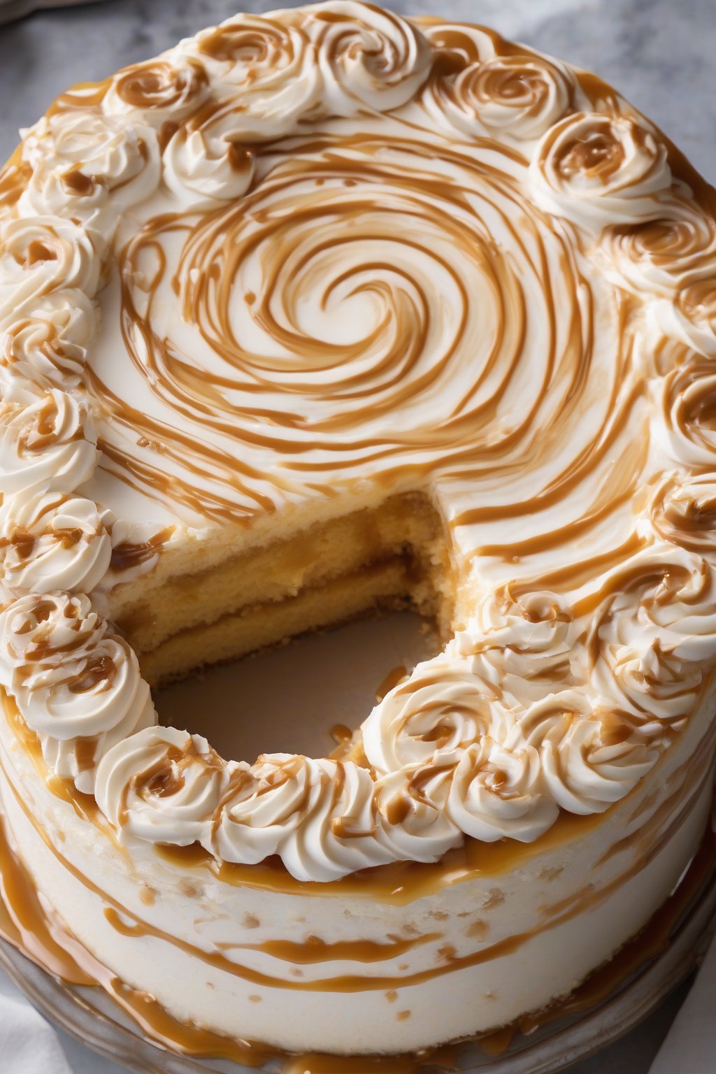 A high-resolution photo of dulce de leche tres leches cake with caramel swirls oozing from the moist layers under soft lighting.