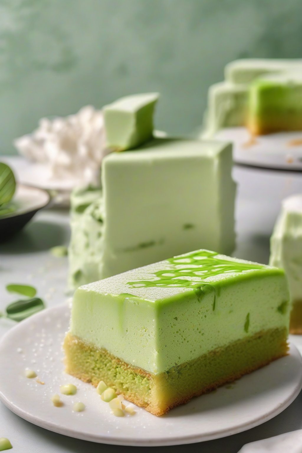 A high-resolution photo of vibrant green matcha tres leches cake slice revealing soaked interior under soft lighting.
