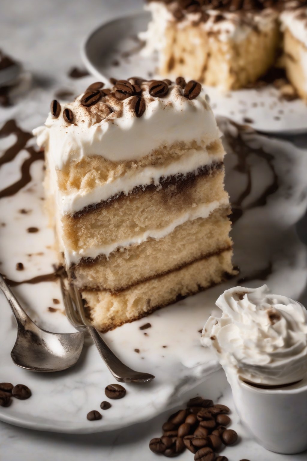 A high-resolution photo of coffee tres leches cake with dark swirls and frothy cream topping under soft lighting.