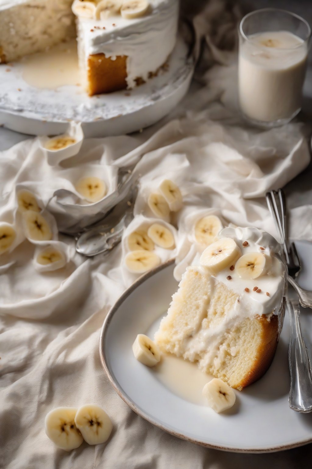 A high-resolution photo of banana tres leches cake studded with fresh slices and creamy soak under soft lighting.