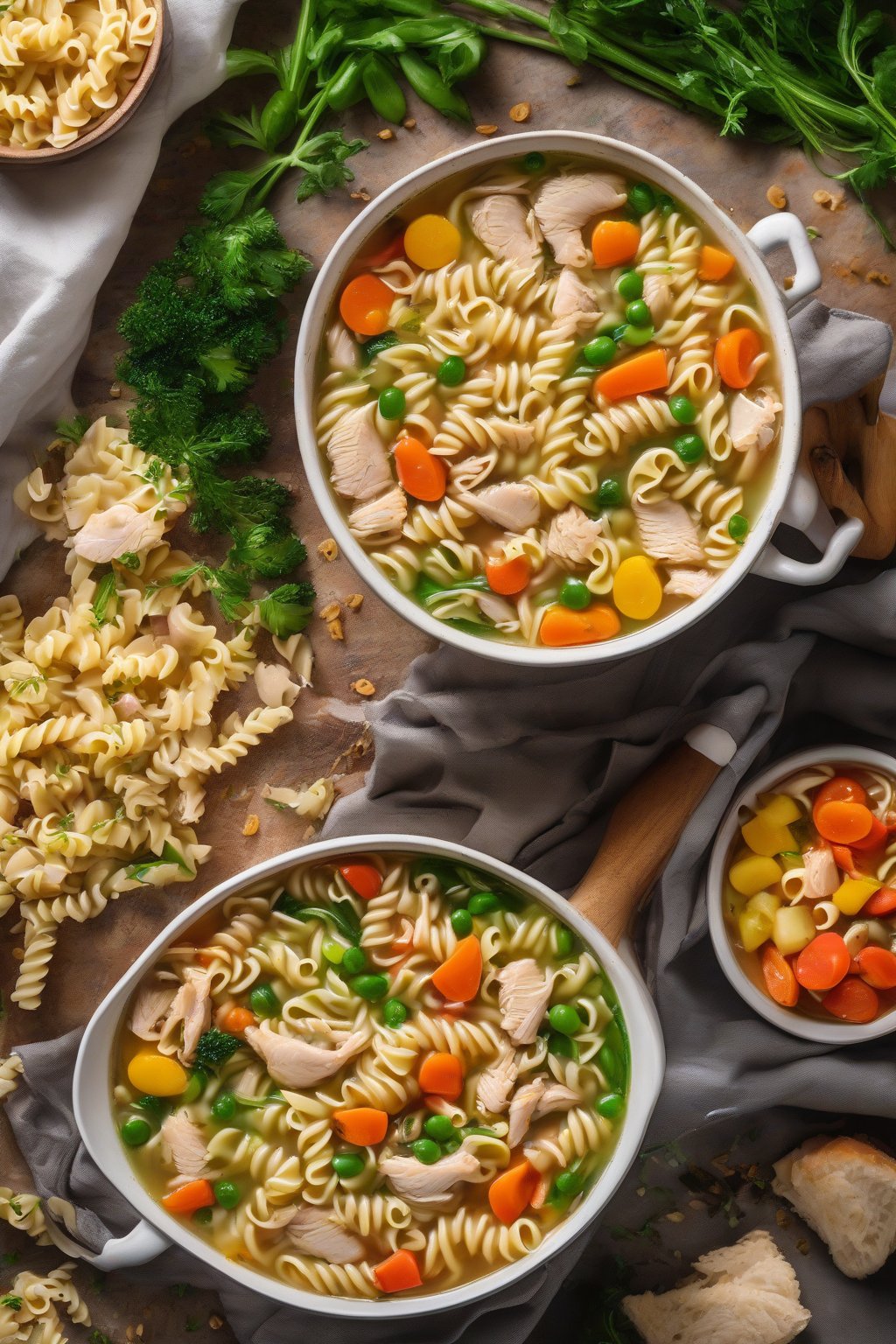 A high-resolution close-up photo of one-pot chicken noodle soup with rotini and colorful veggies under soft lighting.