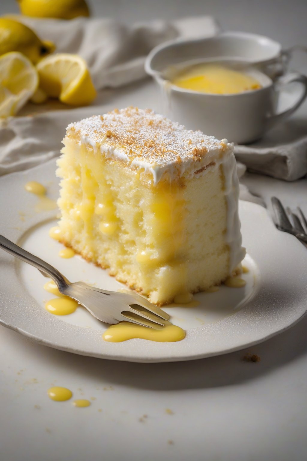 A high-resolution photo of lemon tres leches cake with yellow curd drips and moist crumb under soft lighting.