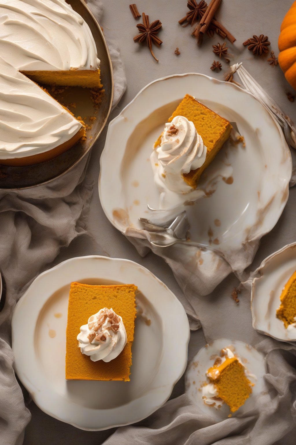 A high-resolution photo of pumpkin spice tres leches cake with warm orange hues and spiced cream under soft lighting.