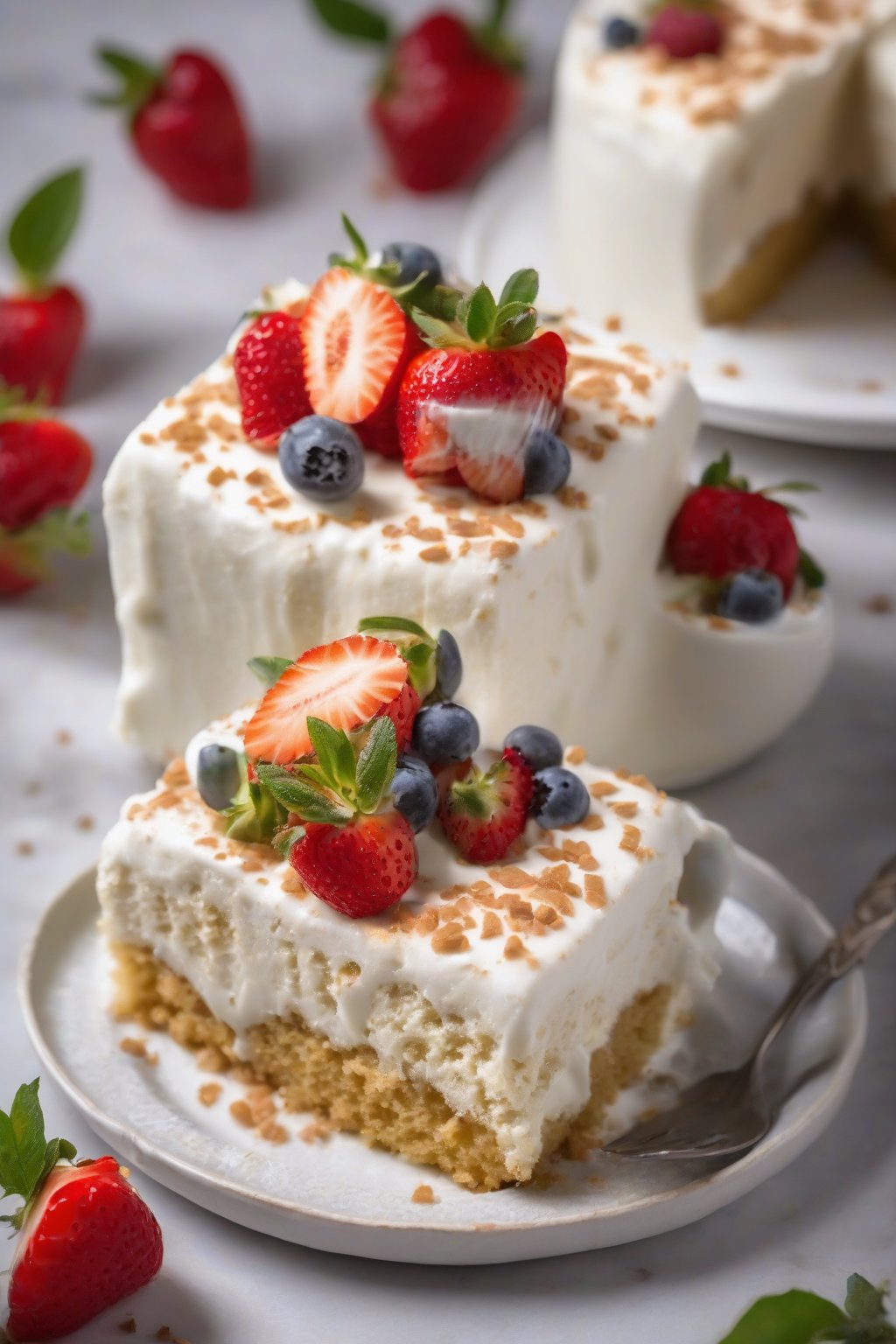 A high-resolution photo of vegan tres leches cake with plant-based cream and perfect milk absorption under soft lighting.