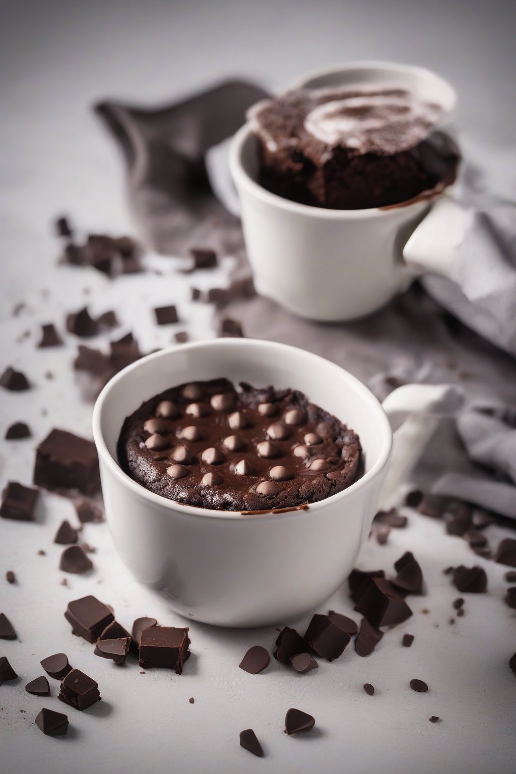 A high-resolution photo of a steaming fudgy chocolate brownie in a white mug, topped with melting chocolate chips, under soft lighting.