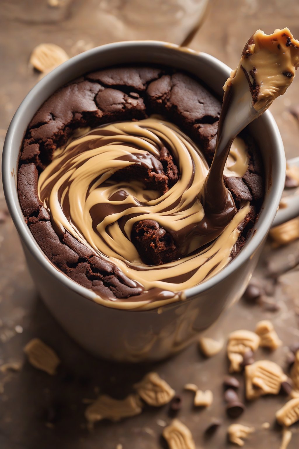 A high-resolution photo of a peanut butter swirled brownie in a mug, gooey center oozing out, under soft lighting.