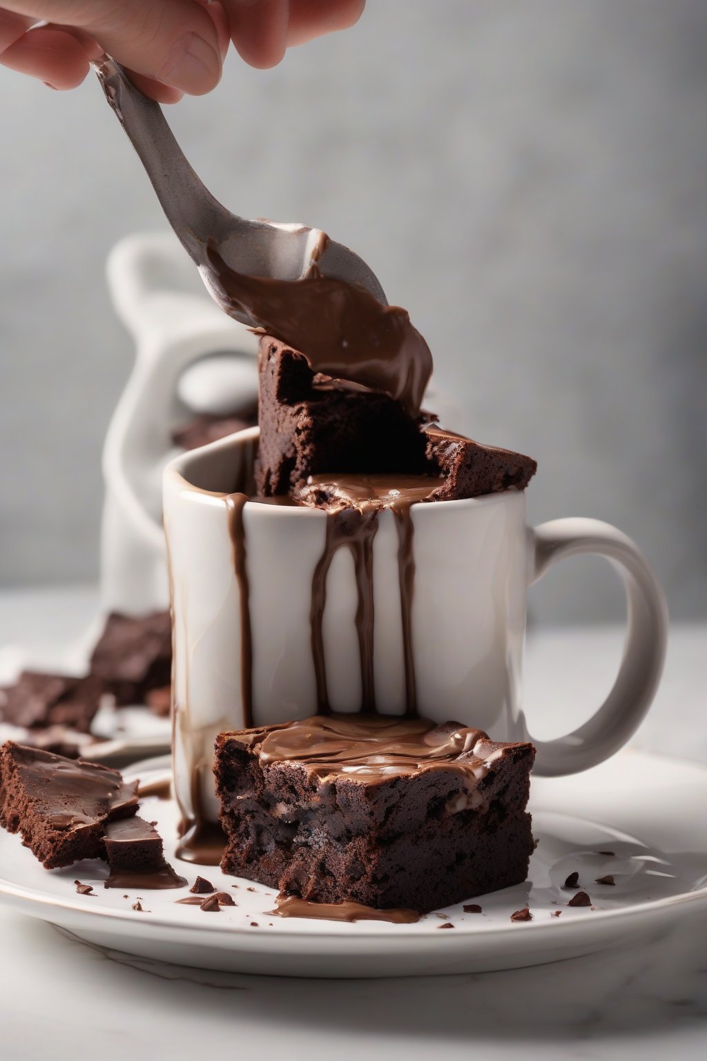 A high-resolution photo of a brownie in a mug sliced open to reveal a gooey Nutella center, under soft lighting.