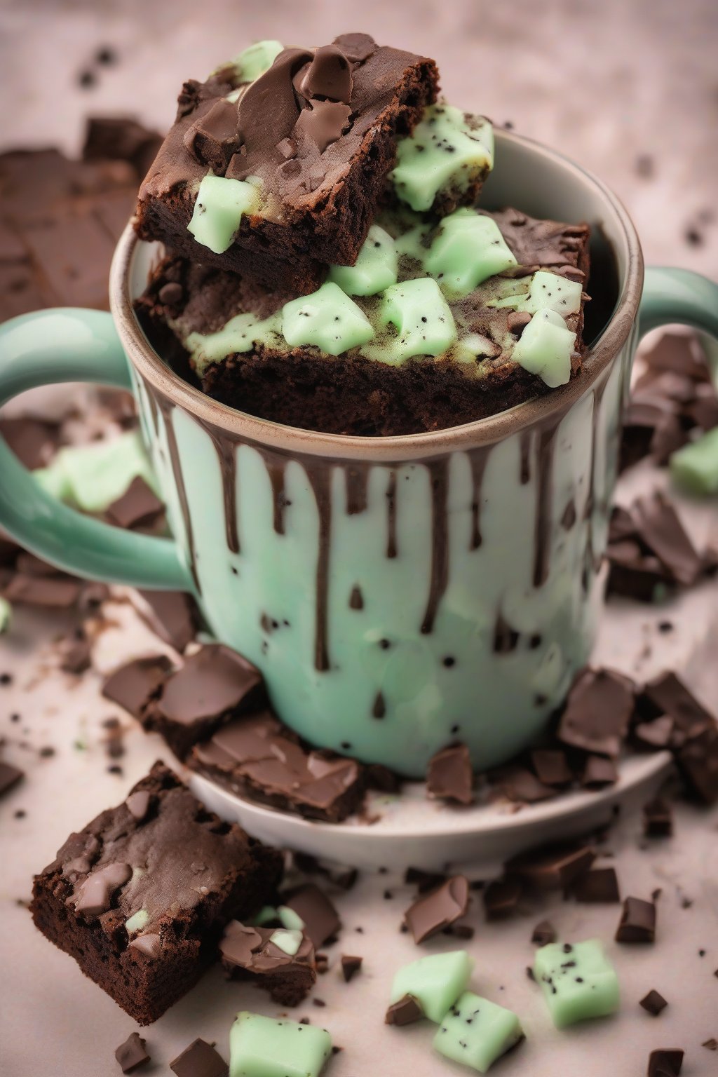 A high-resolution photo of a mint chocolate chip brownie in a mug with green flecks and chips, steam rising, under soft lighting.