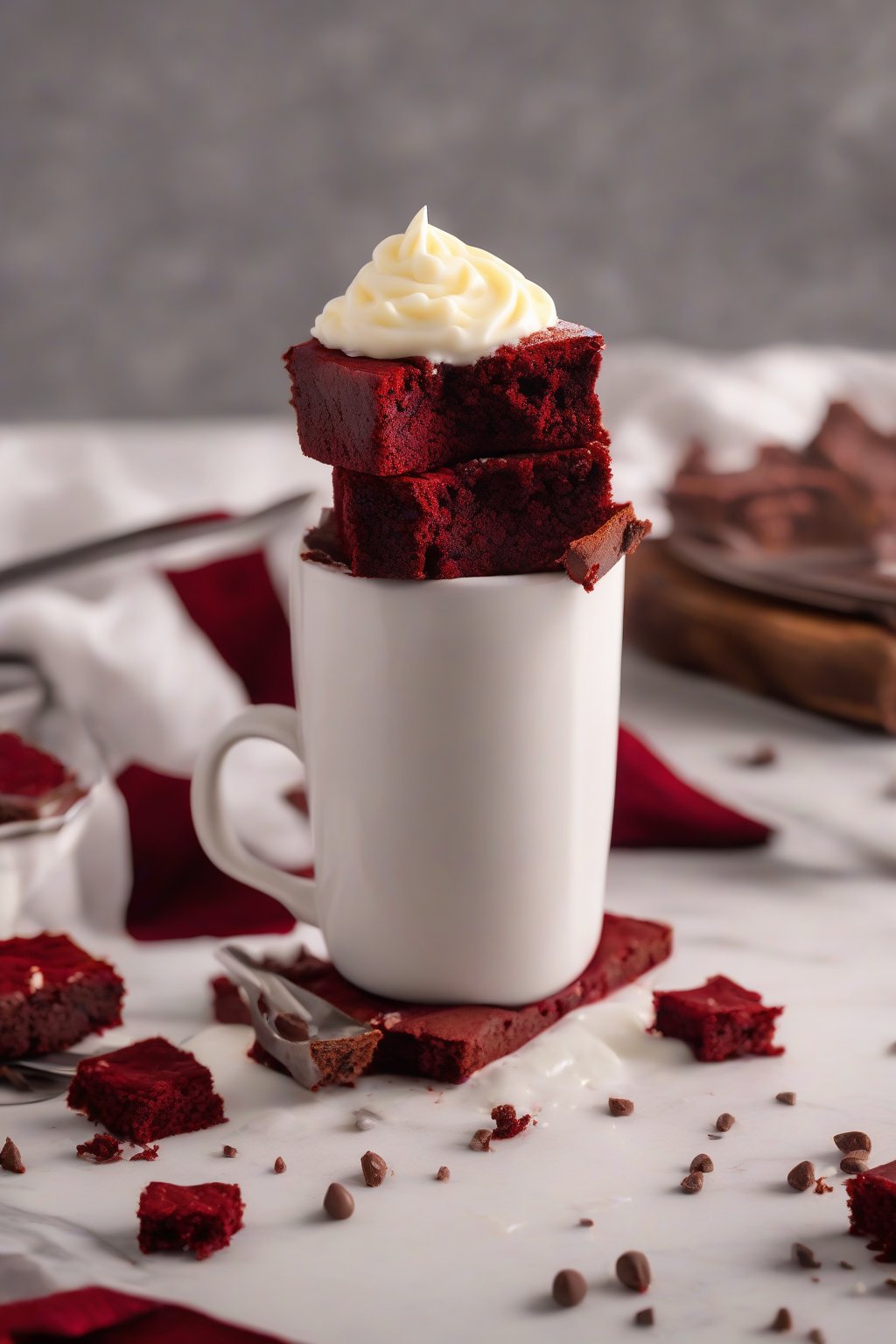 A high-resolution photo of a red velvet brownie in a mug, creamy white cream cheese frosting dollop on top, under soft lighting.