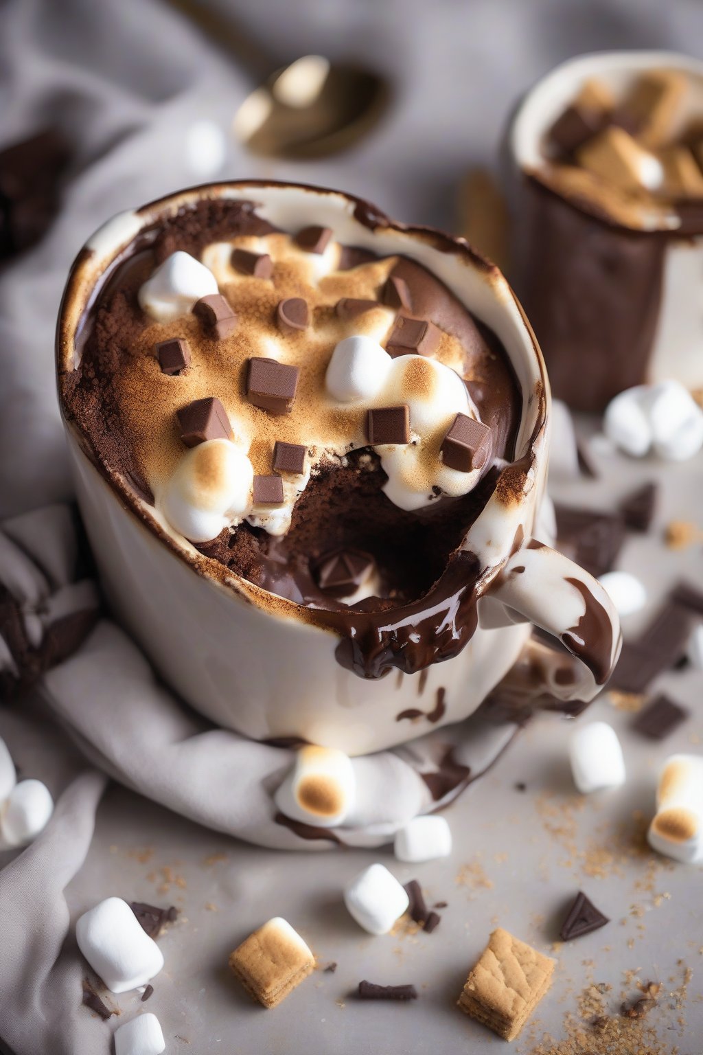 A high-resolution photo of a s'mores brownie in a mug with toasted marshmallows and graham cracker crumbs, under soft lighting.