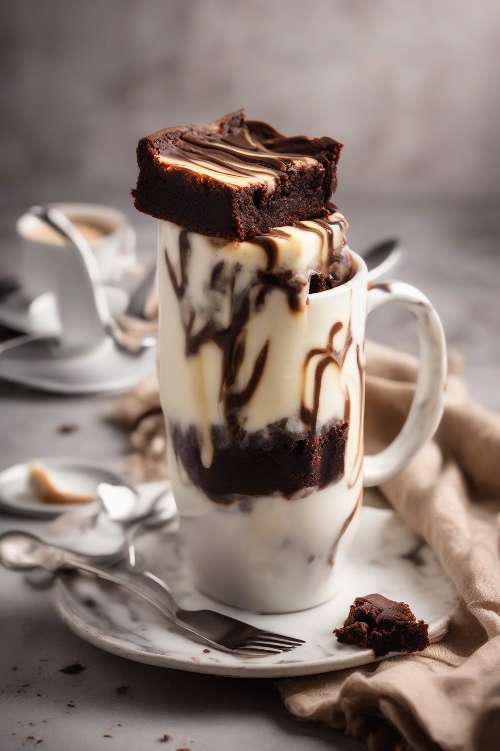 A high-resolution photo of a cheesecake-swirled brownie in a mug, fork cutting through creamy layers, under soft lighting.
