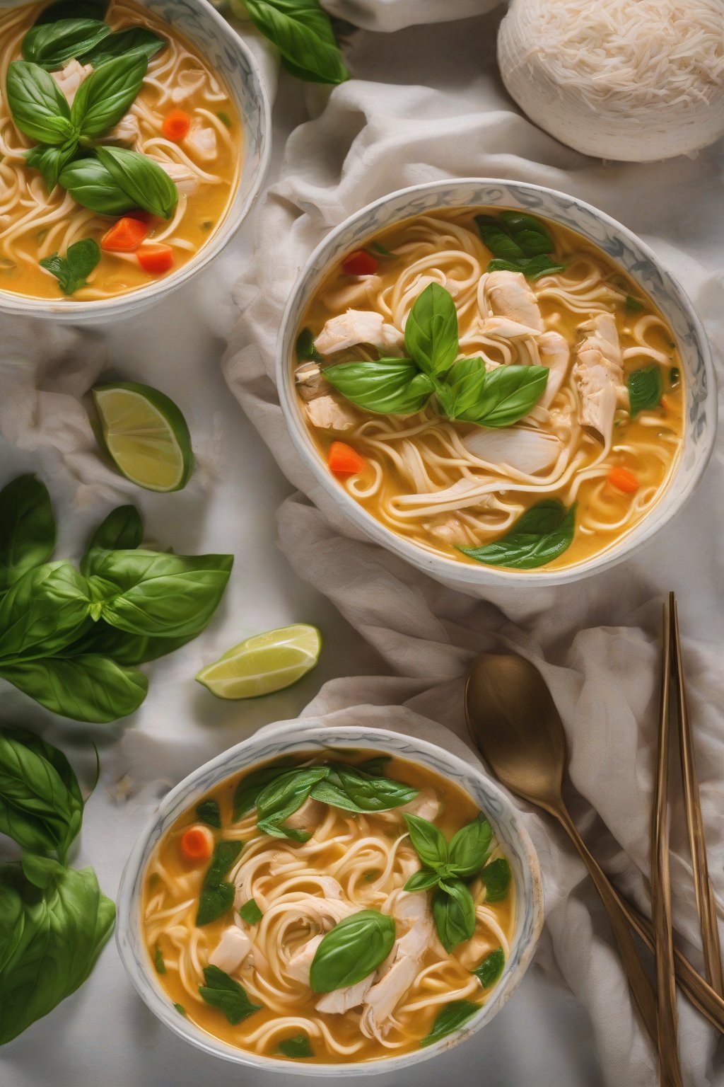 A high-resolution close-up photo of coconut curry chicken noodle soup with vermicelli and basil leaves under soft lighting.
